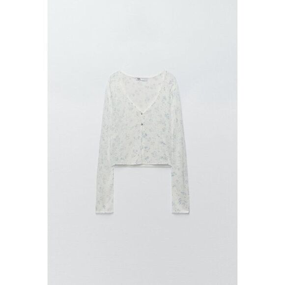 Zara Women's Floral Print Knit V Neck Long Sleeve Crop Top White Blue Size Small - Picture 2 of 11